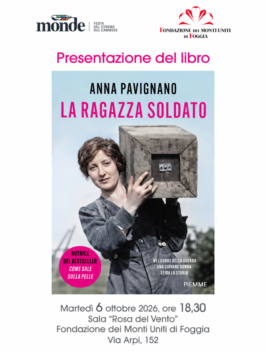 Anna Pavignano presenta il romanzo La ragazza soldato alla Fondazione dei Monti Uniti di Foggia